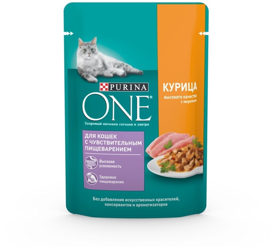 Влажный корм для кошек Purina ONE при чувствительном пищеварении, с курицей, с морковью 75 г (кусочки в желе)