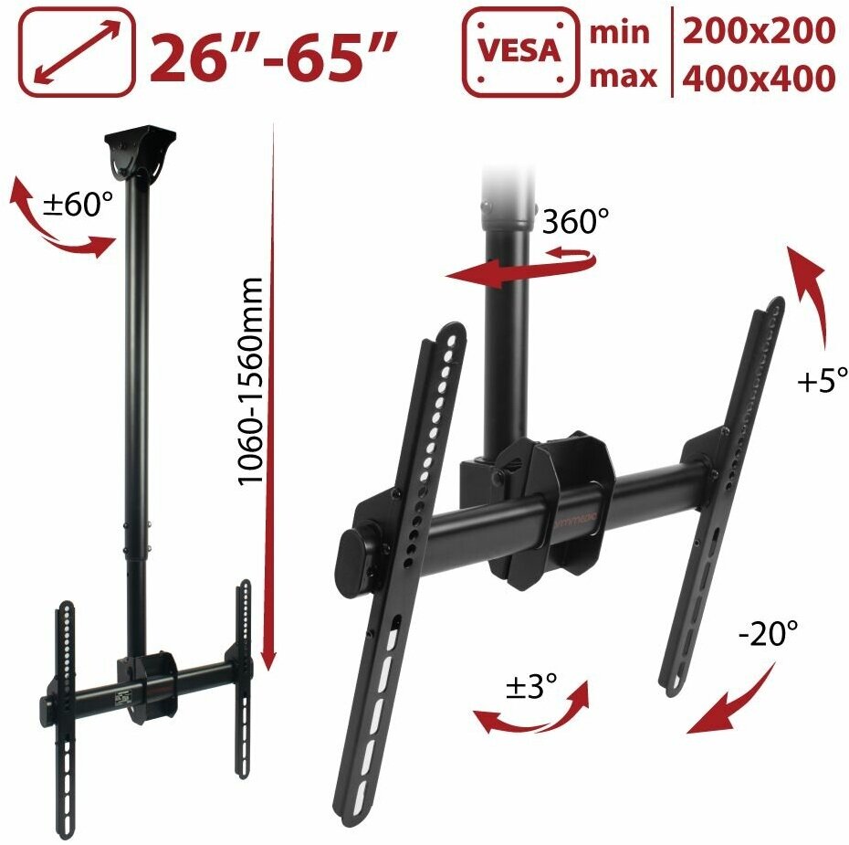 Кронштейн для телевизора Arm Media LCD-1700 черный 26"-65" макс.55кг потолочный наклон