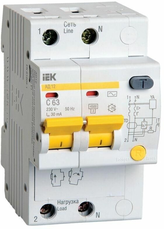Выключатель автоматический дифференциального тока 2п C 63А 30мА тип AC 4.5кА АД-12 IEK MAD10-2-063-C-030