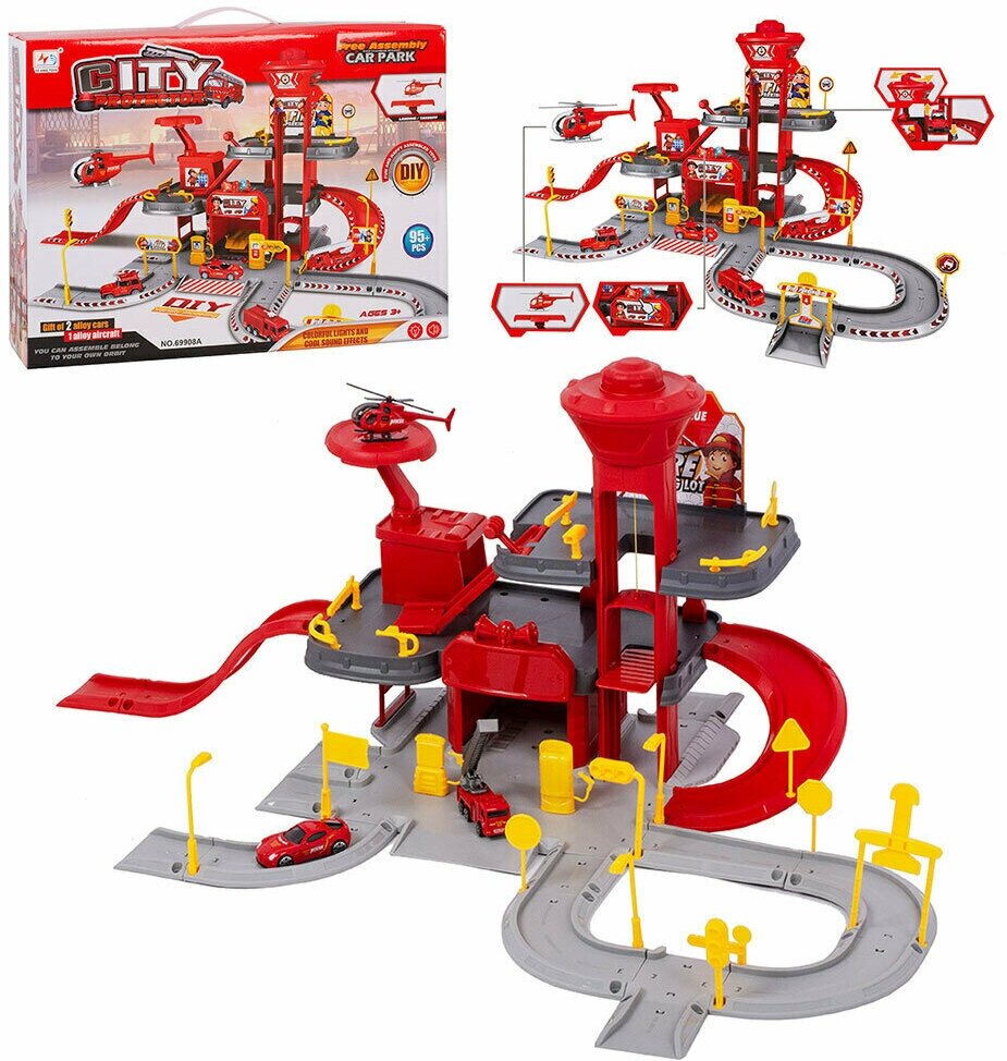 Игровой набор пожарная станция, Многоуровневая парковка, Гараж, Трек с машинками