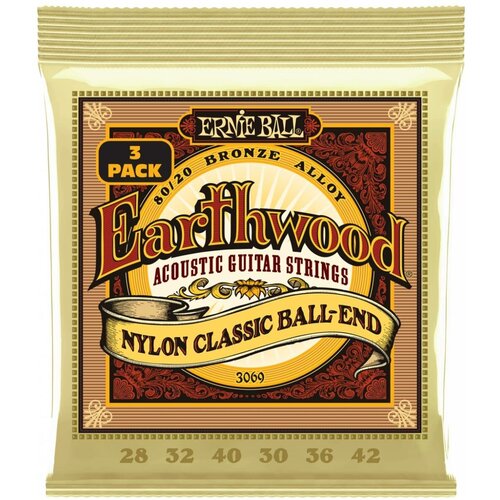 Струны для классической гитары ERNIE BALL 3069 Earthwood 80/20 Folk Nylon 3 Pack 28-42 ernie ball 3069 набор из 3х комплектов для классической гитары earthwood 80 20 folk nylon 28 42
