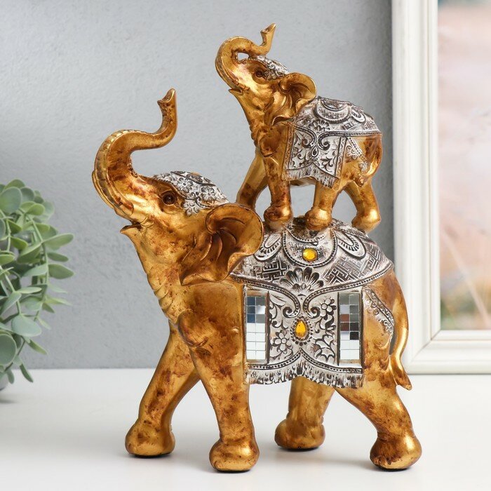 Sima-land Сувенир полистоун "Слон со слонёнком на спине - попона с узорами и янтарём" 18,5х9х25,5 см