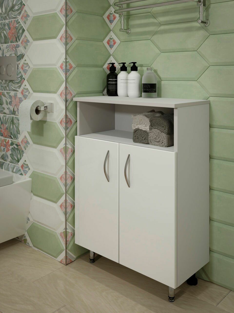 Шкаф напольный для ванной комнаты 60х30 х84 МДФ белый глянец / шкаф в ванную напольный / шкаф в ванную с полкой