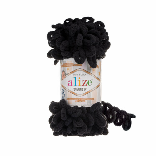 фото Пряжа для вязания ализе пуффи (alize puffy) цвет 60 черный, 100г/9м, комплект 5 шт