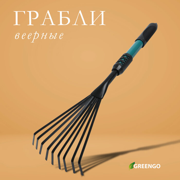 фото Грабли малые, веерные, пластинчатые, 9 зубцов, длина 52 см, металл, металлическая рукоять с резиновой ручкой, Greengo