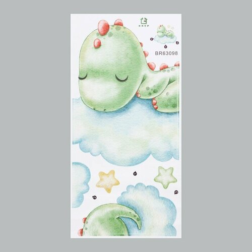 Наклейка пластик интерьерная цветная Малыш-динозавр на облаке 30х60 см 473₽