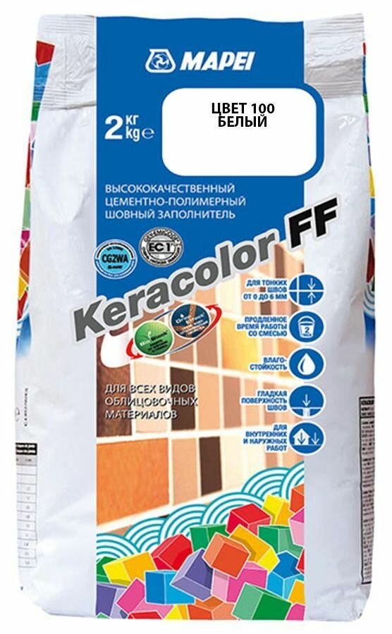 Мапей Кераколор ФФ затирка для швов №100 белая (2кг) / MAPEI Keracolor FF цементно-полимерный шовный заполнитель №100 белая (2кг)