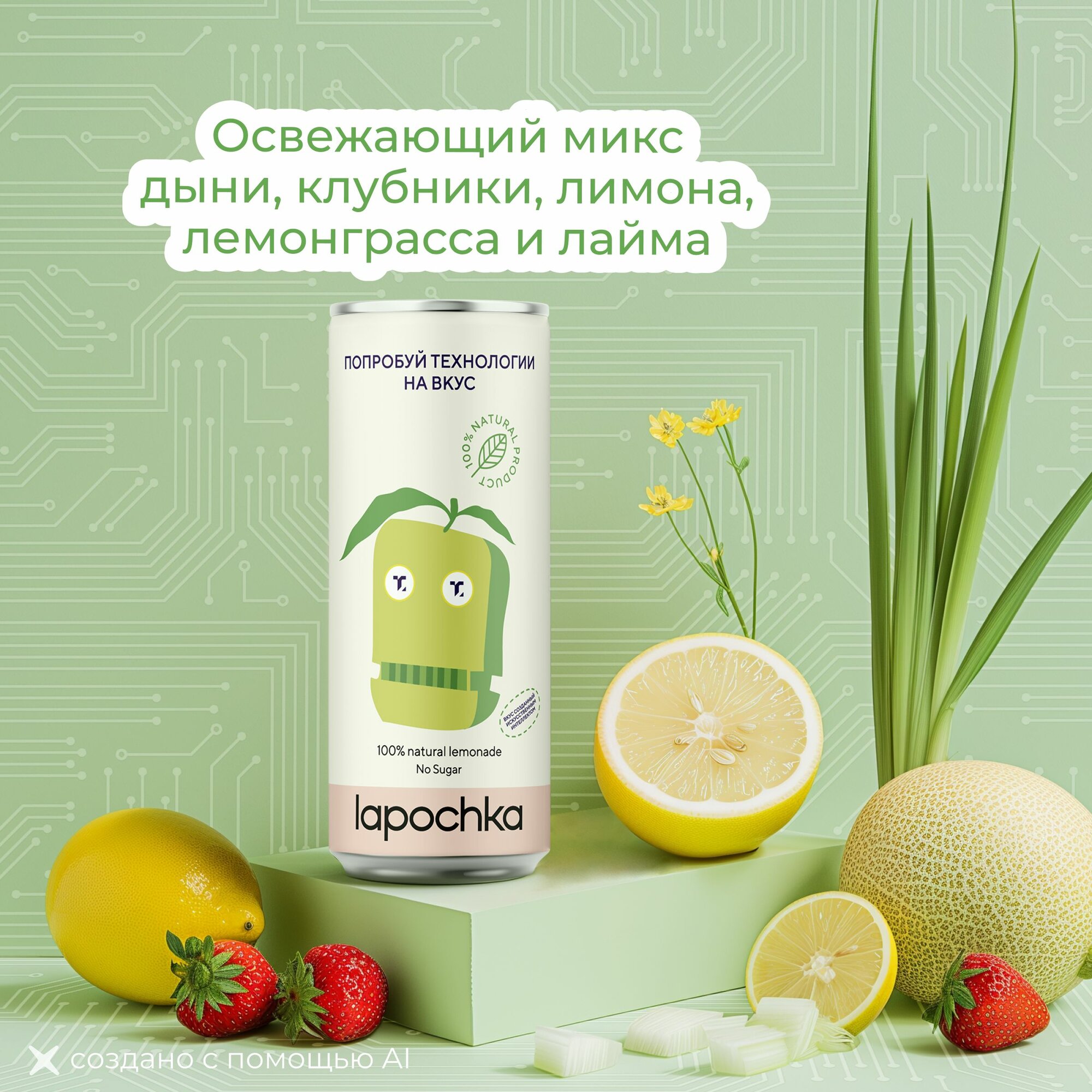 Натуральный лимонад без сахара LAPOCHKA x техпросвет Дыня + Клубника + Лимон 20 x 0,33 л