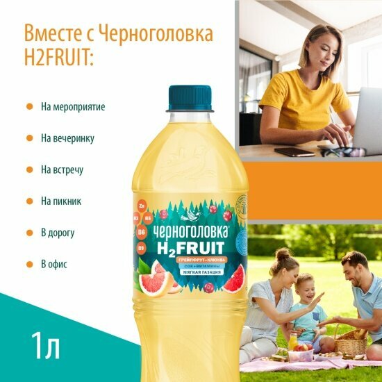 Напитки Вода газированная Черноголовка H2 FRUIT Грейпфрут-Клюква 1 л ПЭТ (12 штук в упаковке)