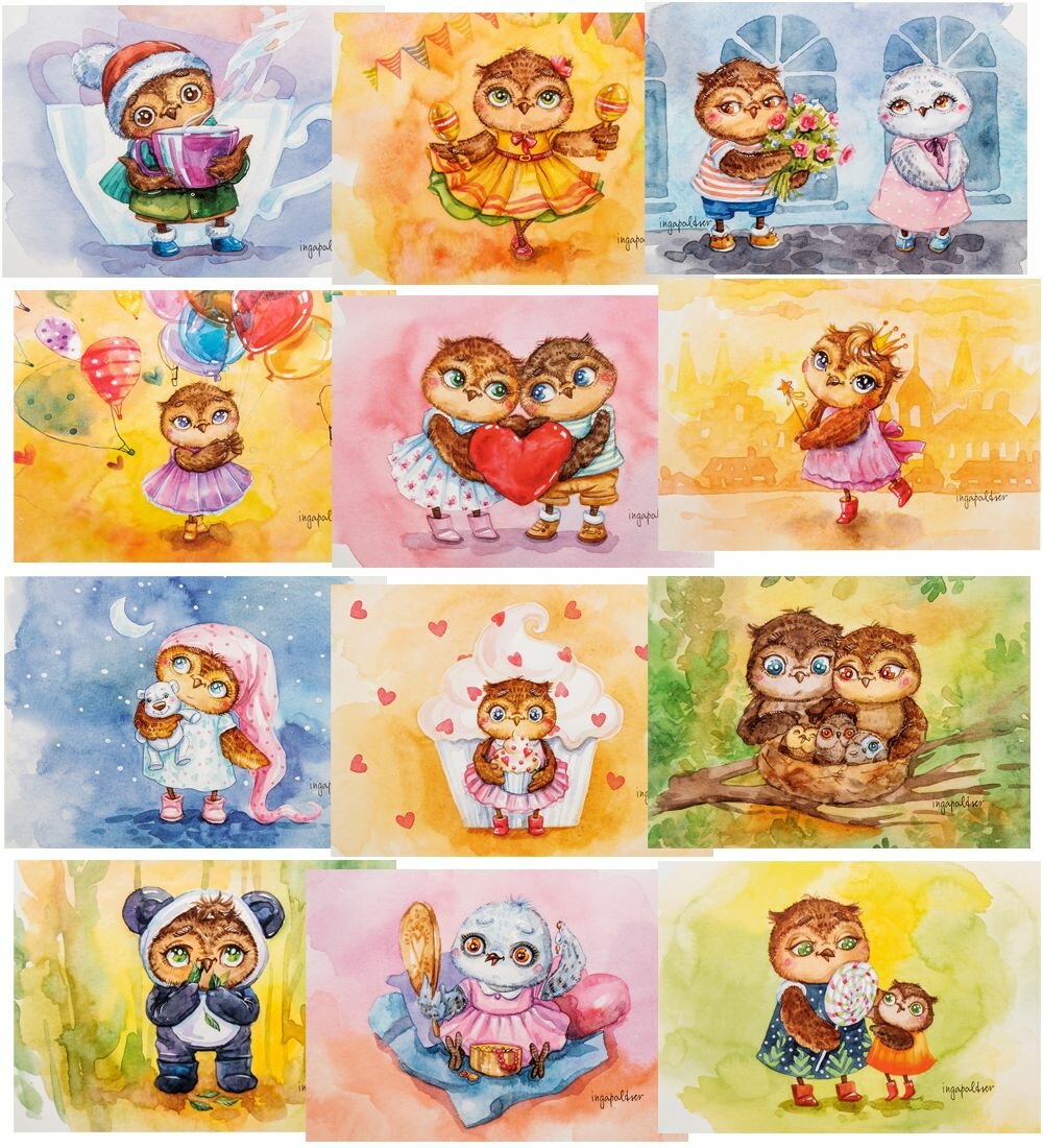 SZ 571 Набор из 12 почтовых открыток  Совы   1  И  Пальцер