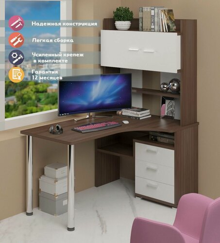 Изображение товара Стол компьютерный Мэрдэс СР-133-140 шбе-прав Шамони-Ч/Белый с надстройкой