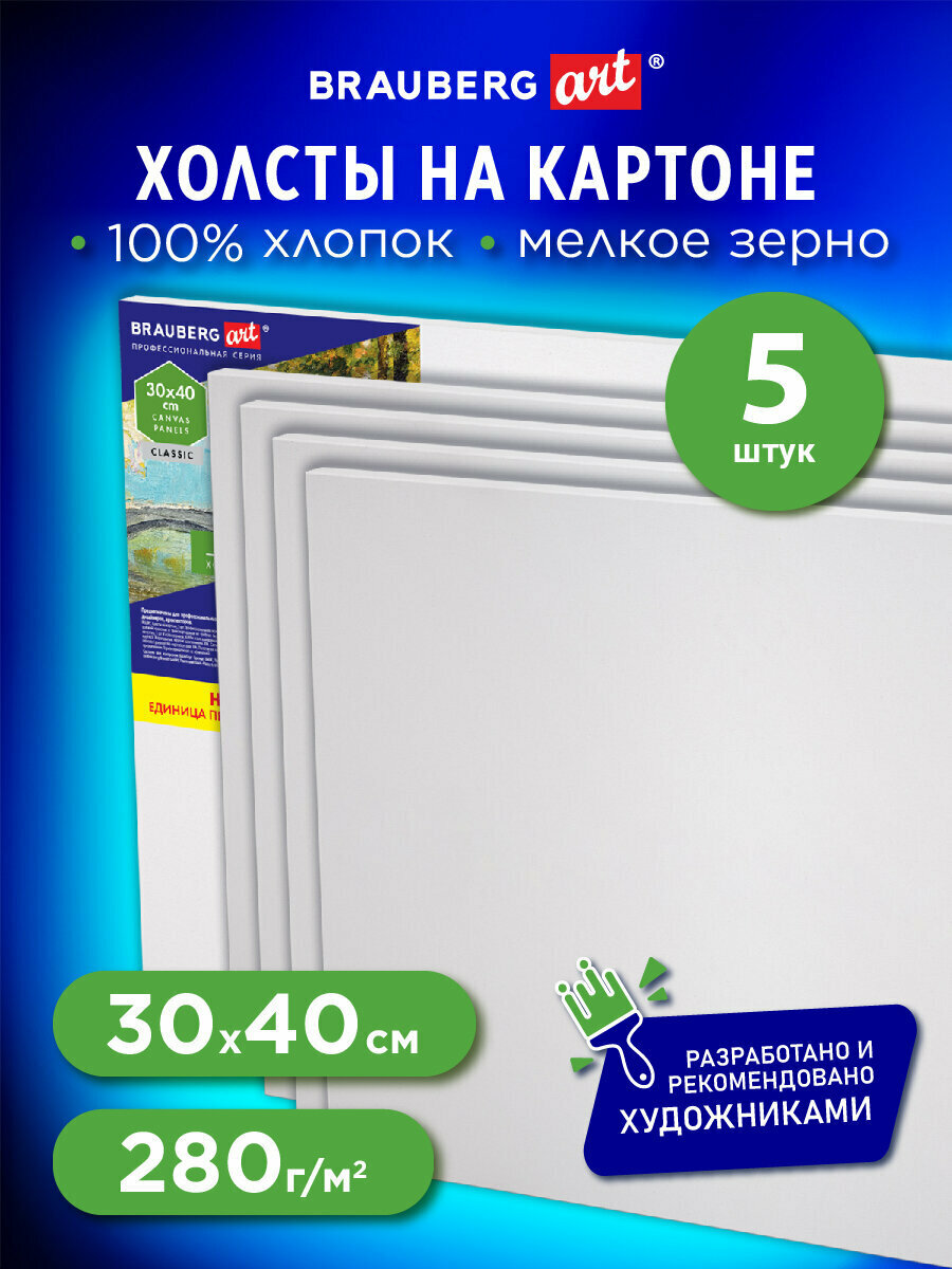 Холст на картоне набор 5 штук 30х40 см, 280 г м2, грунт, 100% хлопок, Brauberg Art Classic, 192505