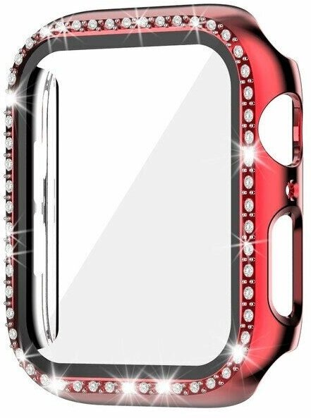 Защитный пластиковый чехол (кейс) Apple Watch Series 7 8 (Эпл Вотч) 41 мм для экрана/дисплея и корпуса противоударный бампер красный со стразами