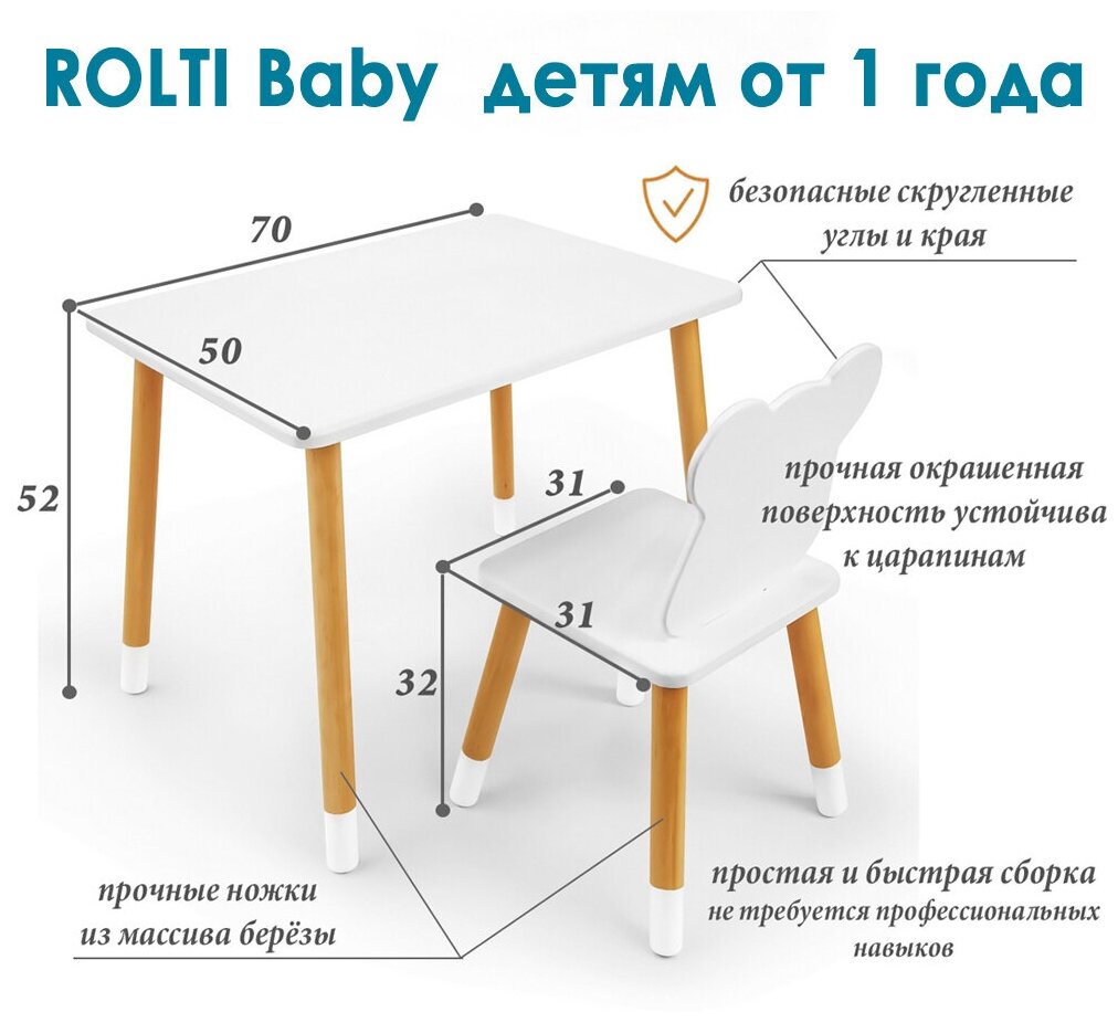 Детский комплект стол и стул «Мишка» Rolti Baby (белый/белый, массив березы/мдф) - фотография № 7