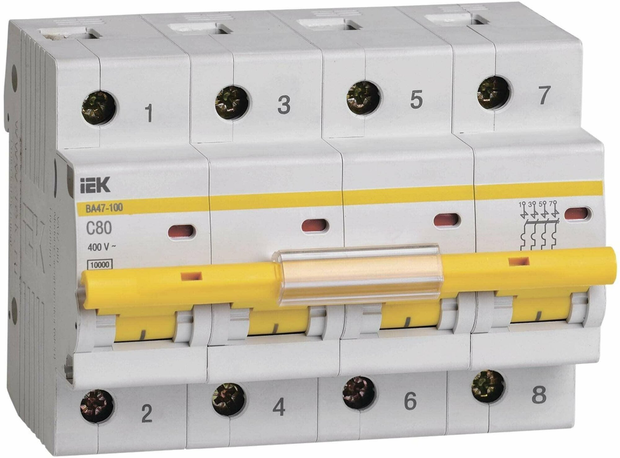 Выключатель автоматический четырехполюсный ВА47-100 80А C 10кА | код. MVA40-4-080-C | IEK (2шт.в упак.)