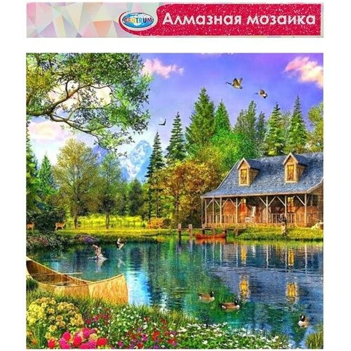 Алмазная мозаика без подрамника, частичное заполнение «Домик на озере» 40×50 см