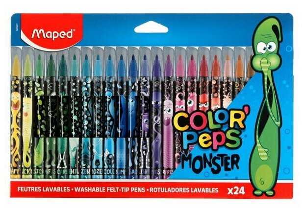 Фломастеры 24 цвета COLOR'PEPS MONSTER, смываемые, с заблокированным пишущим узлом, в картонном футляре