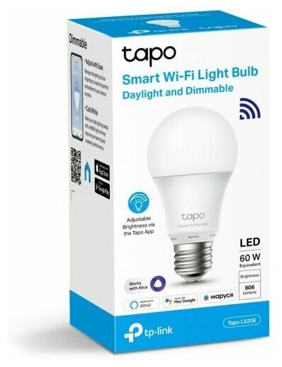 Лампа TP-LINK Tapo L520E умная, WiFi, E27, 8.7Вт, 4000-4000К, 806 lm, работа с голосовым помощником
