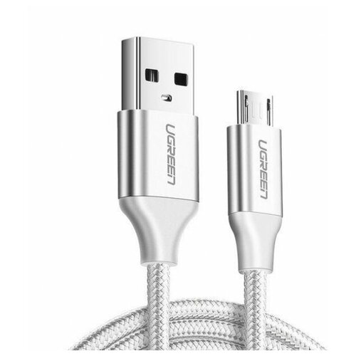 Кабель UGREEN US290 60151, USB-A 2.0 to Micro USB, 2A, в нейлоновой оплётке, 1m, White