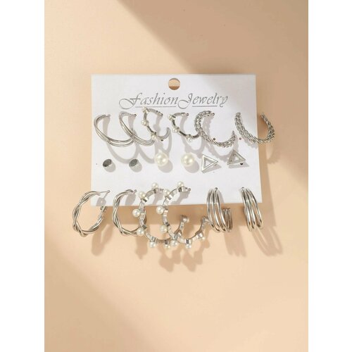 фото Серьги крупные кольца набор бижутерия из 9 пар (золото): конго, сережки с жемчугом, серьги-гвоздики без бренда