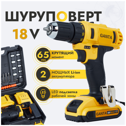 Шуруповерт аккумуляторный GANTA 1802 LI Pro 18В, кейс + набор оснастки, 1400 об/мин