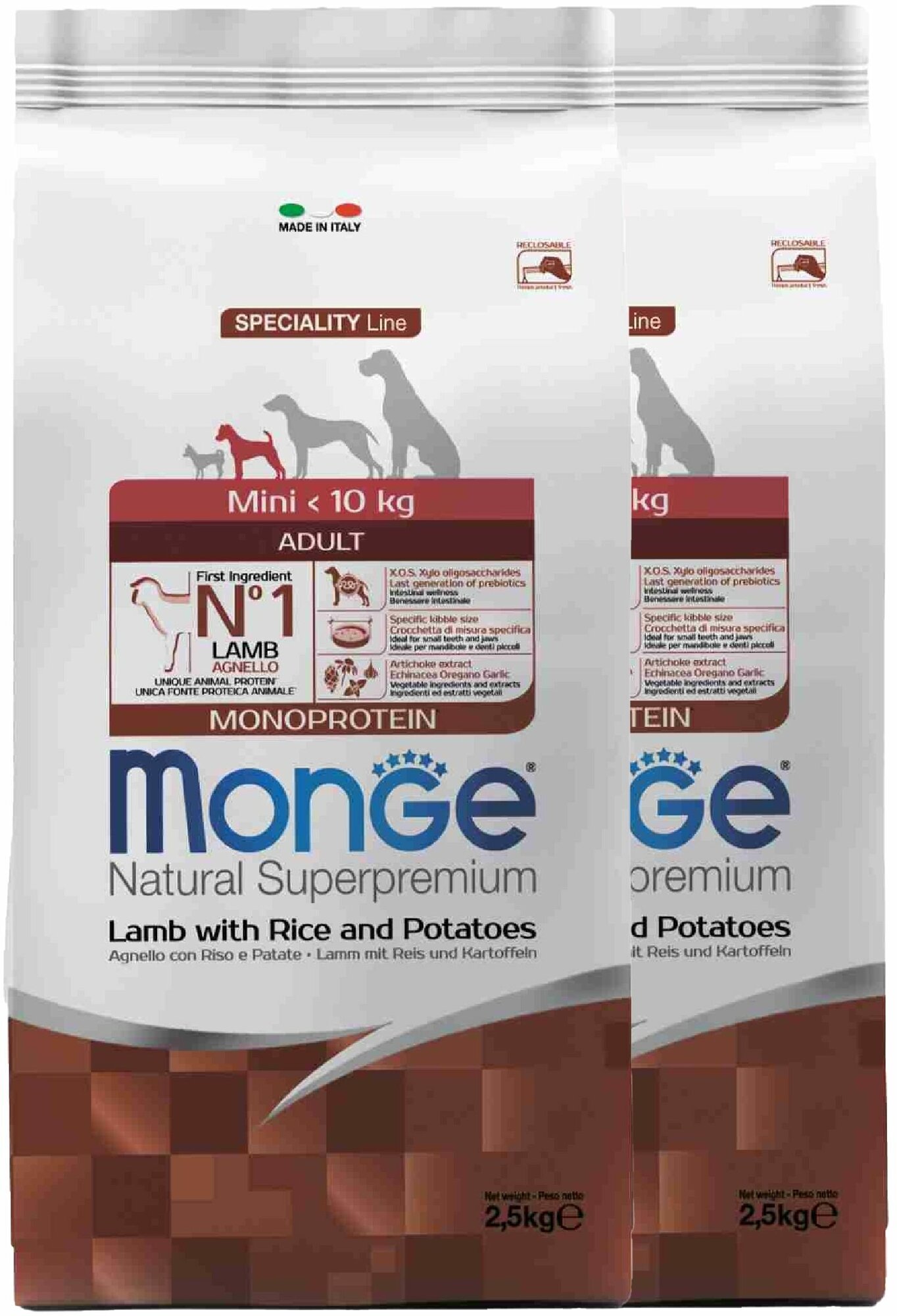 Monge Dog Monoprotein Mini корм для взрослых собак мелких пород ягненок с рисом и картофелем 2,5 кг х 2шт.