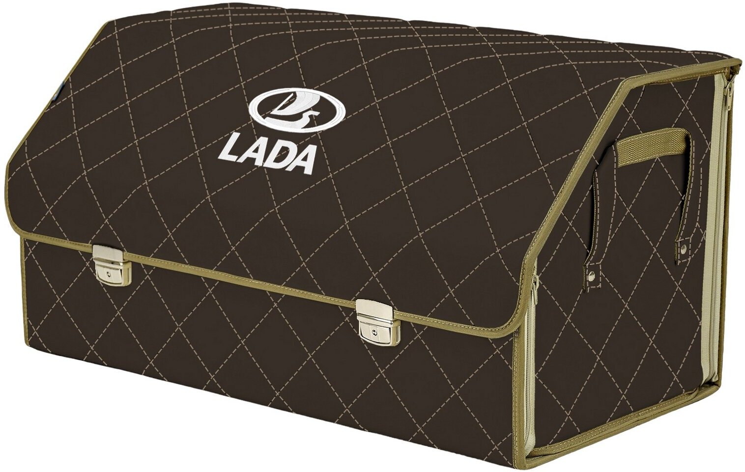 Органайзер-саквояж в багажник "Союз Премиум" (размер XL Plus). Цвет: коричневый с бежевой прострочкой Ромб и вышивкой LADA (лада).