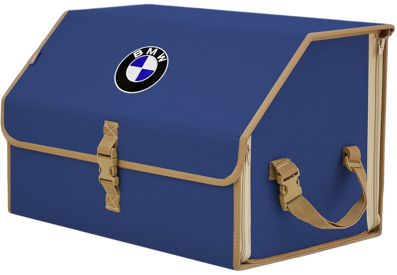 Органайзер-саквояж в багажник "Союз" (размер L). Цвет: синий с бежевой окантовкой и вышивкой BMW (БМВ).