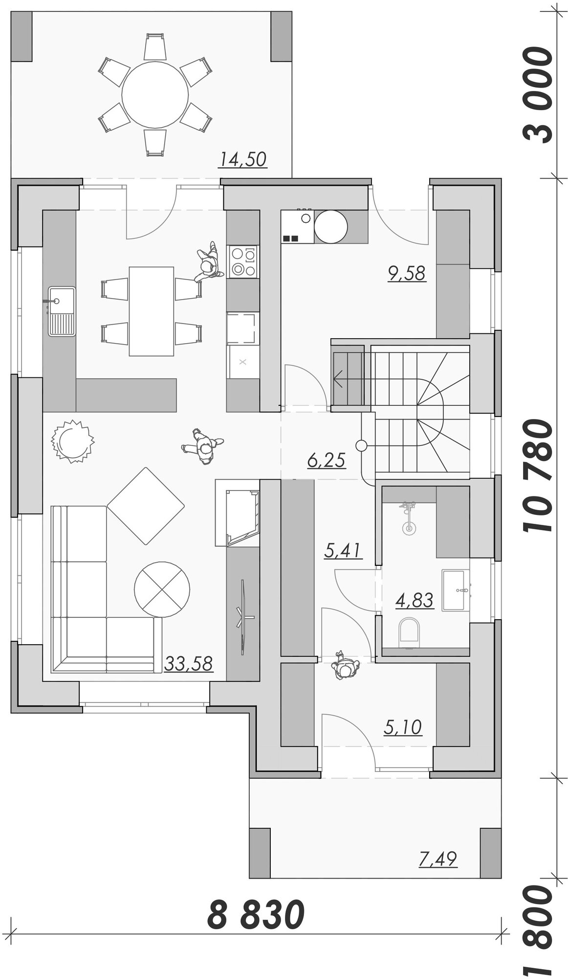 Проект двухэтажного дома в стиле Райта 135 м2 с 3 спальнями, общей зоной кухни с гостиной, отдельной котельной и террасой на заднем дворике