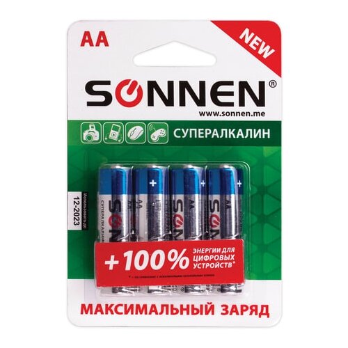 Батарейка SONNEN AA LR6 максимальный заряд, в упаковке: 4 шт. sonnen батарейки комплект 2 шт sonnen super alkaline аа lr6 15а алкалиновые пальчиковые в блистере 451093 12 шт