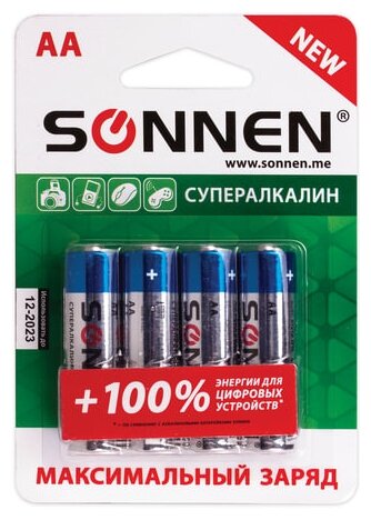 Батарейки комплект 4 шт., SONNEN Super Alkaline, АА (LR6,15А), алкалиновые, пальчиковые, блистер, 451094