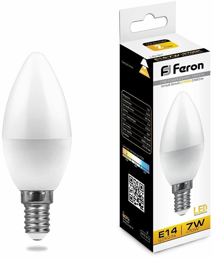 Лампа светодиодная, (7W) 230V E14 2700K C37, LB-97 FERON