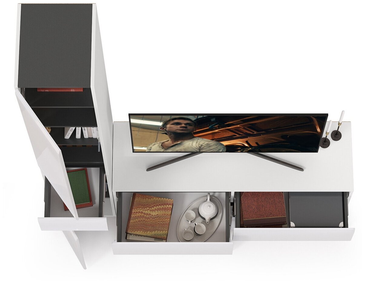Тумба для ТВ и шкаф с ящиком Сидней, цвет корпус: белый/чёрный/фасады: МДФ белый глянец, ШхГхВ 164,9х41,3х205,2 см, универсальная сборка