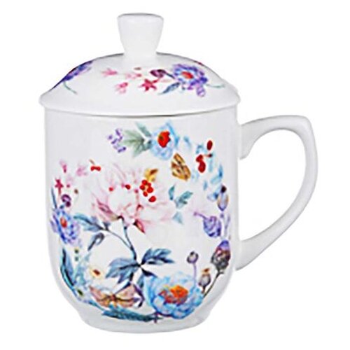 фото Кружка заварочная millimi волшебные цветы с металлическим ситечком 360мл, костяной фарфор, голубой узор