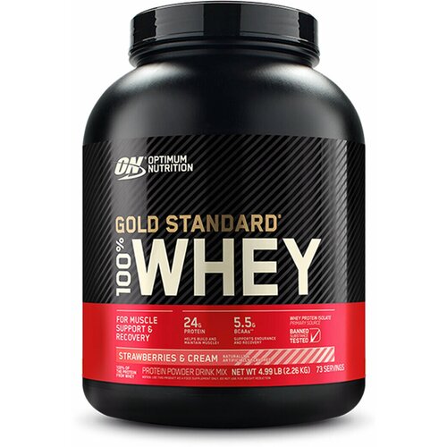 Протеин Optimum Nutrition 100% Whey Gold Standard, 2260 гр., клубника и крем протеин optimum nutrition 100% whey gold standard 2260 гр клубника и крем