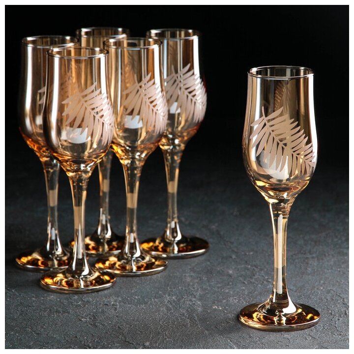 Набор бокалов для шампанского "Папоротник", 200 мл, 6 шт, цвет янтарь