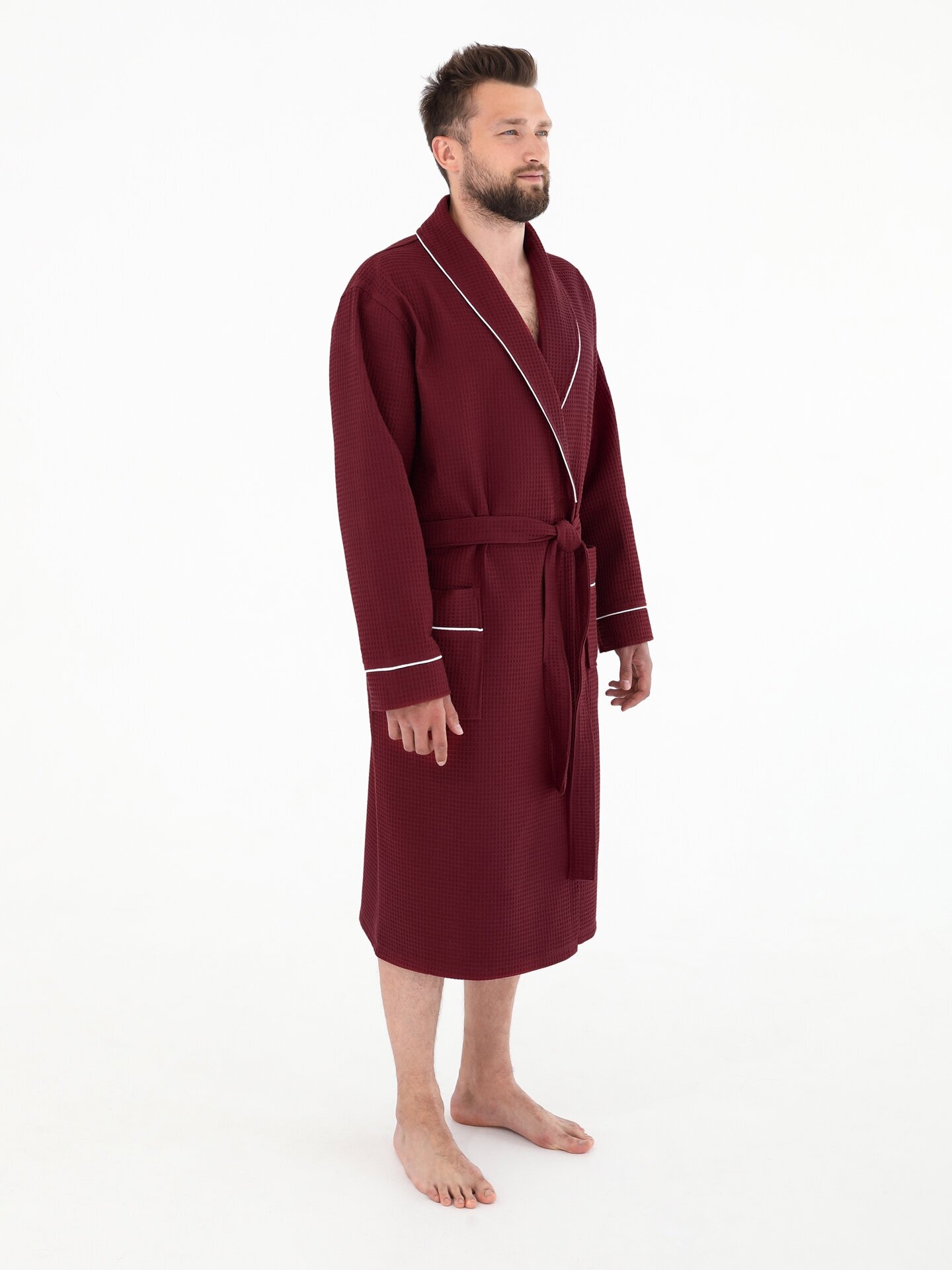 Халат вафельный мужской шалька+кант, цвет кирпич, разм.50 - фотография № 2