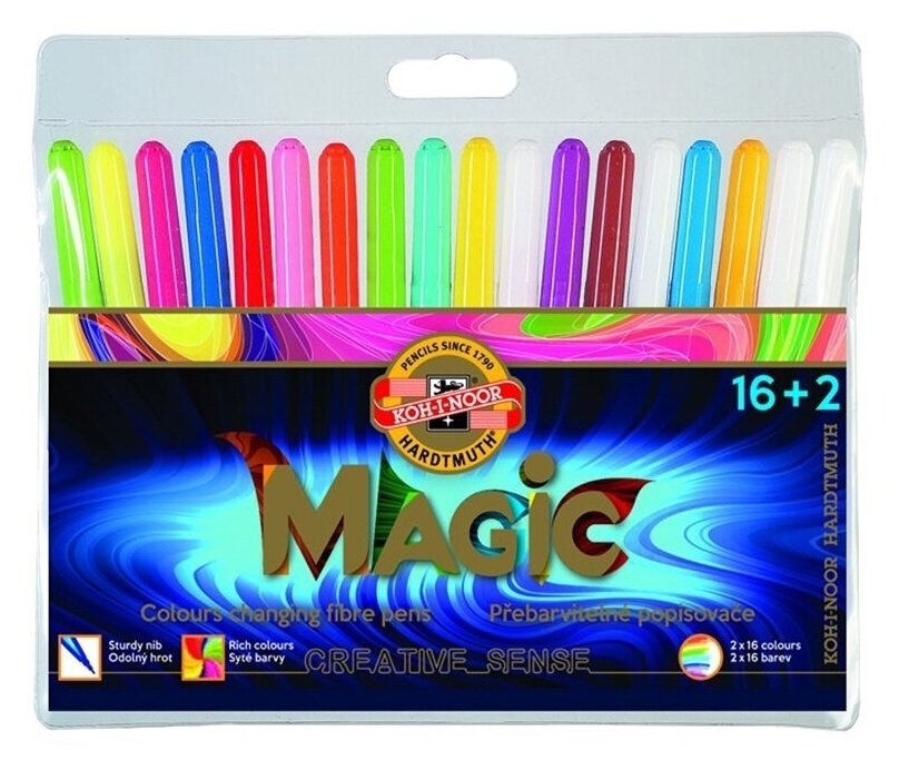 Фломастеры KOH-I-NOOR "Magic", 16+2 цвета, трехгранные, ПВХ, европодвес (771612AH01TE)