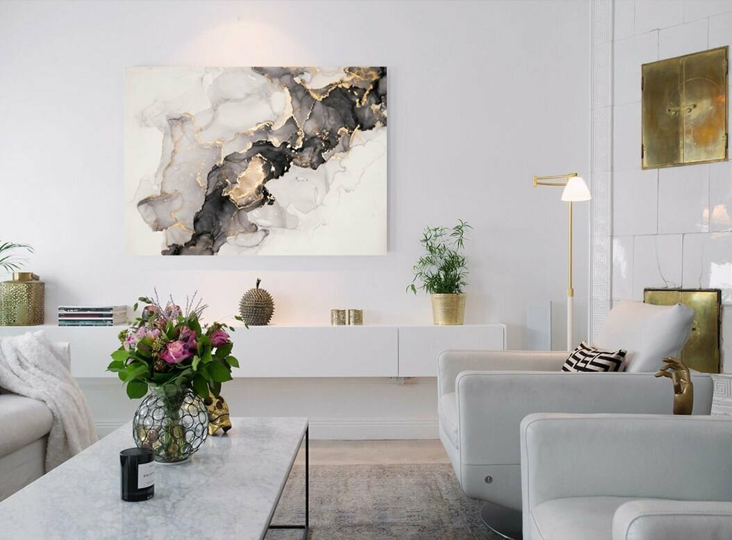Картина "Белый мрамор с золотом" , картины для интерьера, на стену, на натуральном хлопковом холсте, размер 40 на 30 см.