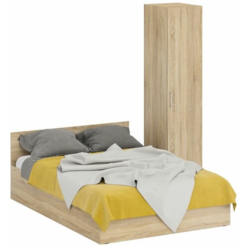 Кровать двуспальная 1400 с пеналом Стандарт, цвет дуб сонома, спальное место 1400х2000 мм., без матраса, основание есть
