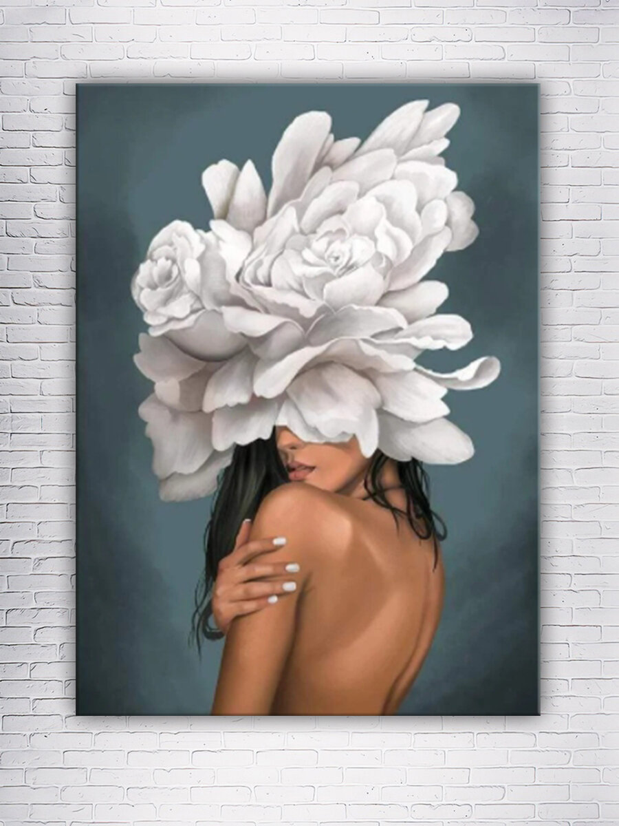 Картина/Картина на холсте/Картина на холсте для интерьера/ Картина на стену/ Картина в подарок для дома/- Девушка с пышным белым цветком 30x40