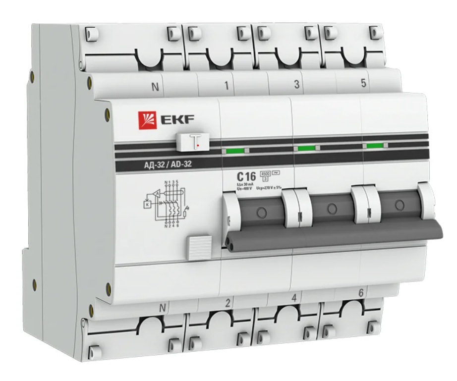 Дифференциальный автомат EKF АД-32 4П 30 мА C 4.5 кА AC 16 А