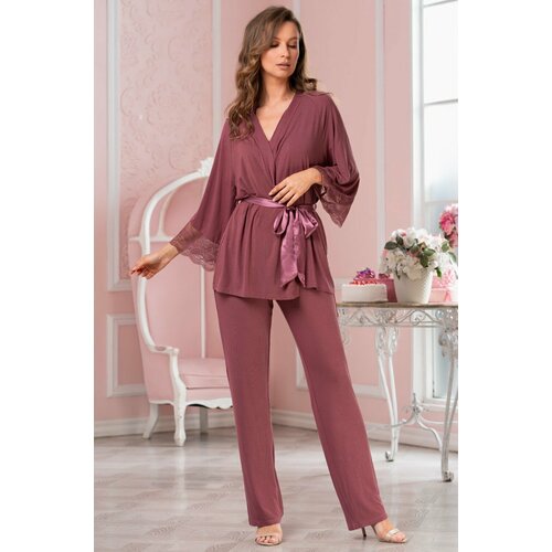 фото Пижама mia-amore, жакет, брюки, топ, длинный рукав, карманы, пояс, размер 3xl, бордовый