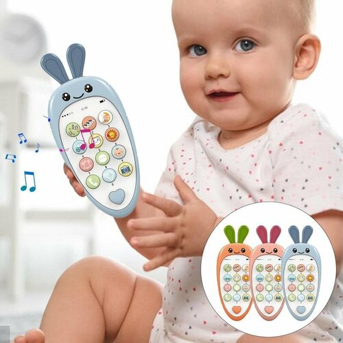 Телефон развивающий музыкальный детский Зайчик со светом, звуком, развивающая игрушка для малышей голубой