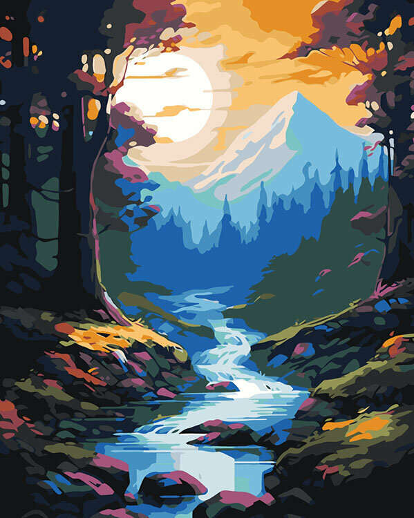 Картина по номерам Природа пейзаж с лесным ручьем и горами