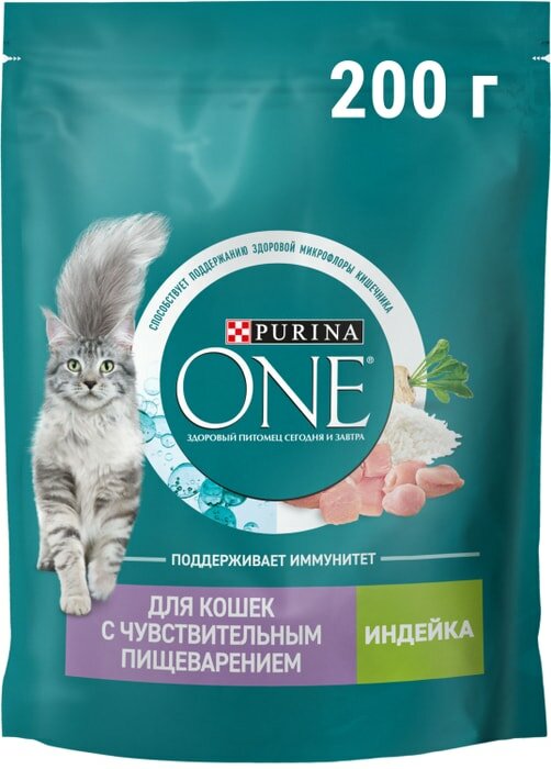 Сухой корм для кошек Purina ONE для чувствительного пищеварения с индейкой и рисом 200г