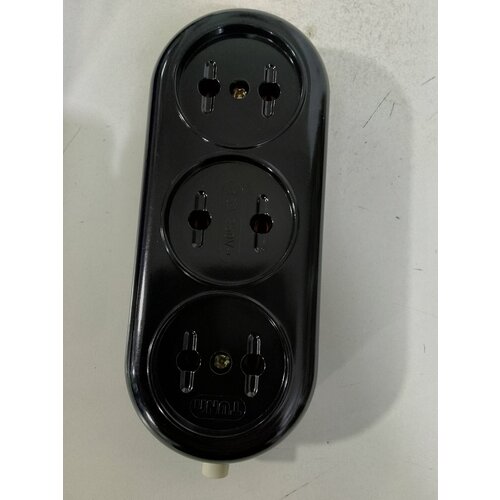 Колодка сетевая для удлинителя 3 гнезда без земли 16А 250В №313, карболитовая, черная.