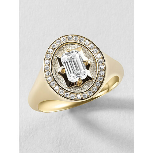 Печатка KAPLI jewelry, серебро, 925 проба, золочение, муассанит, размер 19, ширина 14 мм, золотой