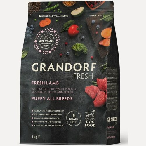 Изображение товара Корм сухой Grandorf Fresh , беззерновой с живыми пробиотиками, свежее мясо ягненка с бататом для щенков, 3 кг