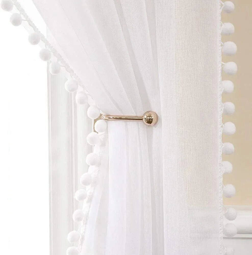 Прозрачные шторы из полиэстера с помпонами, 1pcs W130xH240cm, Rod Pocket, Белый
